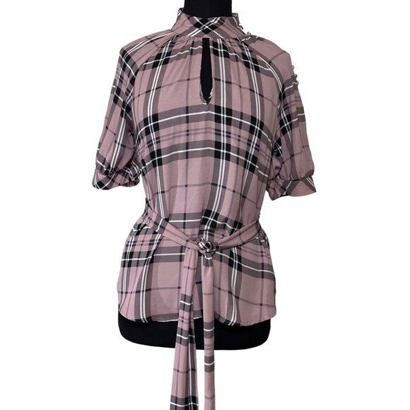 7th Ave NY & Co. Design Studio Blouse w/Waist Tie Rose Pink Plaid Women's Size S - Picture 2 of 16